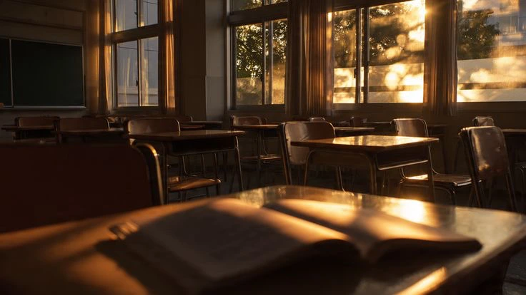 Sala de aula iluminada pelo sol.