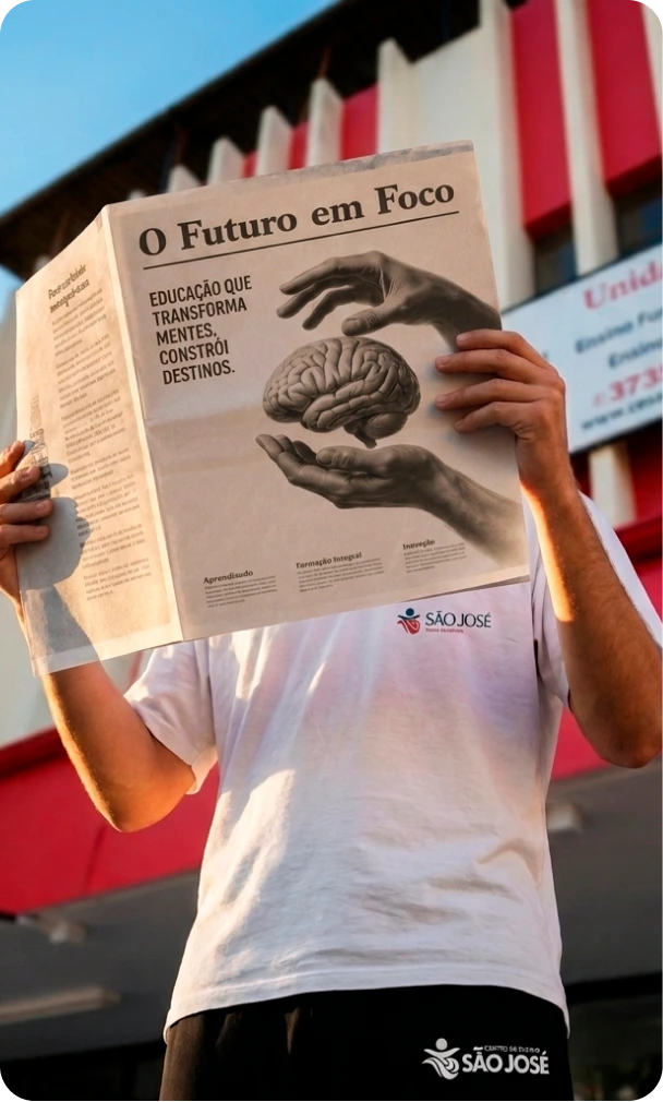 Estudante segura jornal sobre memória e aprendizagem.