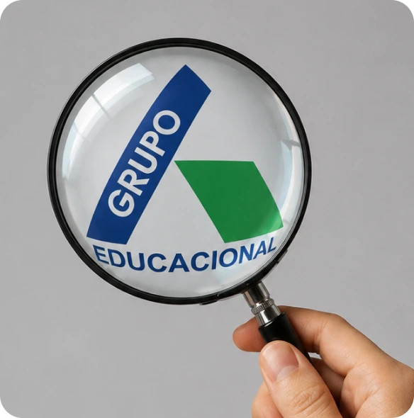 Uma lupa destaca o símbolo do Grupo A Educacional.